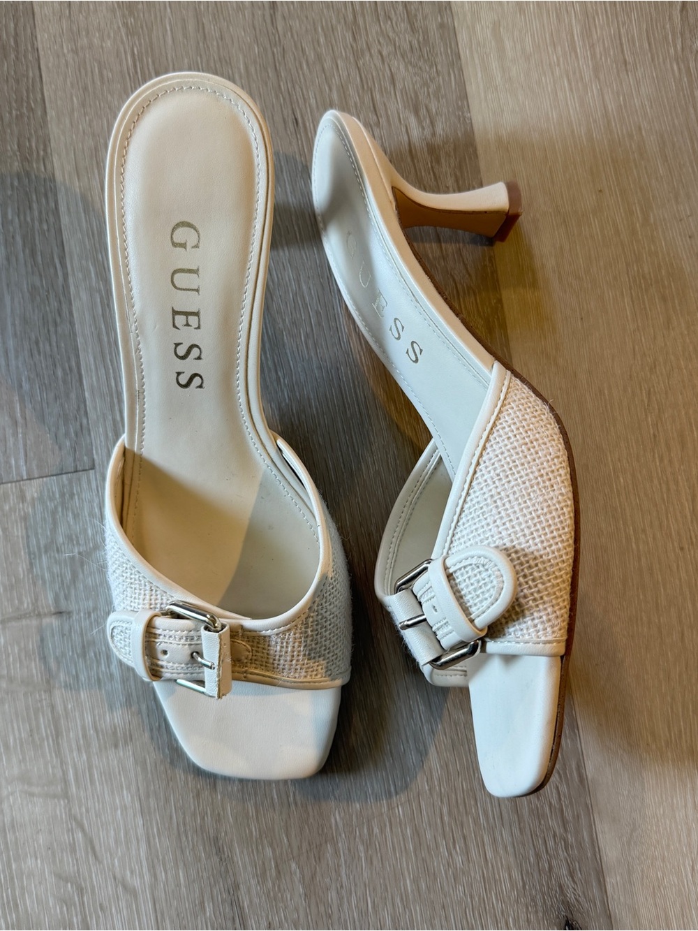 GUESS Dista Buckle Kitten Heel Sandal in Ivory